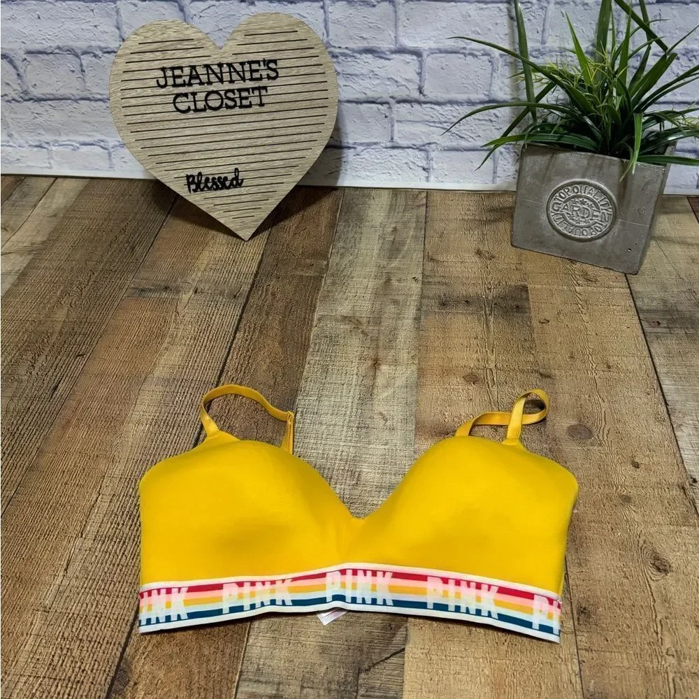 Victorias Secret PINK Wear Everywhere Wireless Lightly Lined Bra Yellow Rainbow